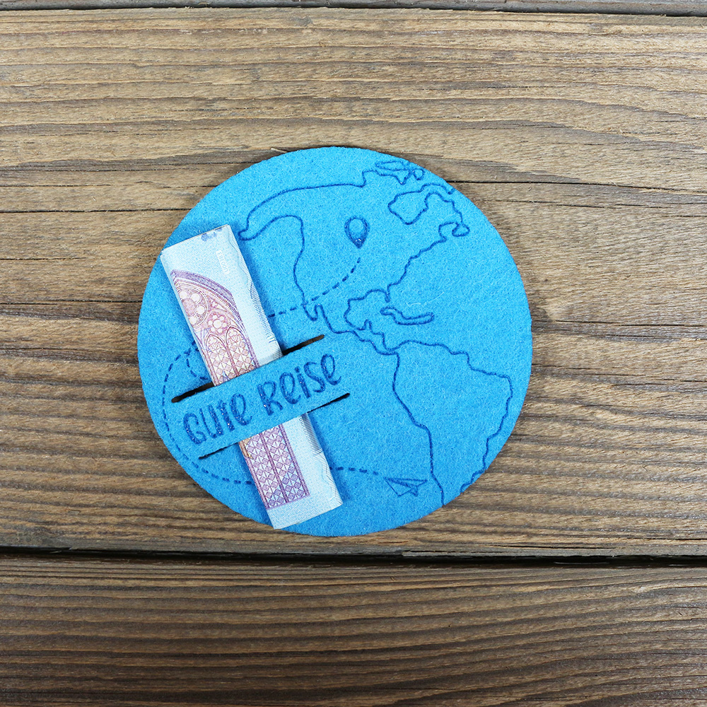 Geldscheinverpackung aus Filz - Weltkugel